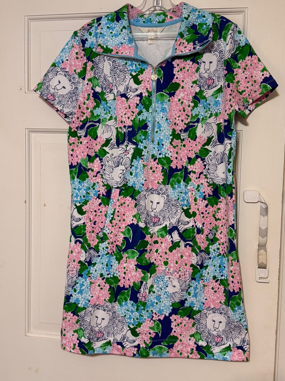 Floral Lion Print Short Sleeve Dress - Pink & Blue